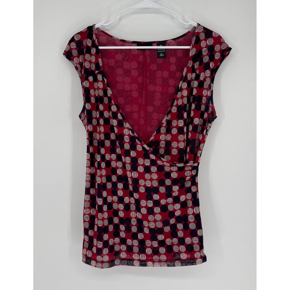 New York & Company Womens Sleeveless Polka-Dot Deep V-Neck Blouse Top Size Large